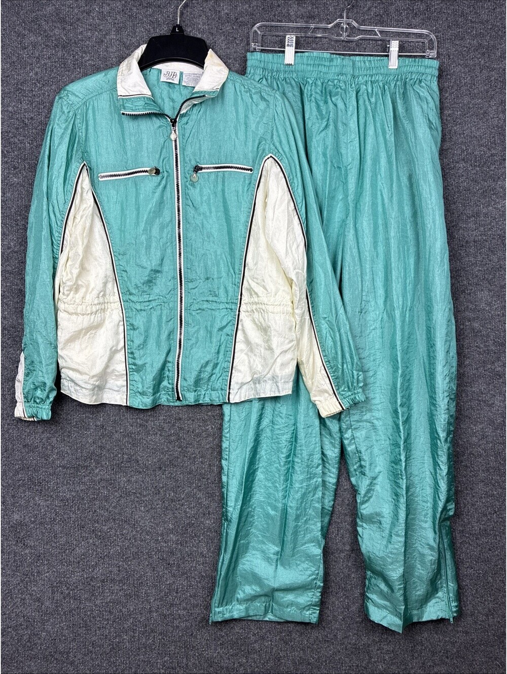 Active St. John's Bay Womens XL Teal Green & White Nylon Tracksuit Vintage 1980s